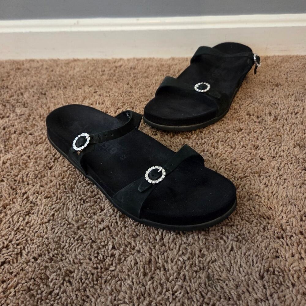 Mephisto sydel sandals black leather rhinestone silver buckle 2 strap slides 42